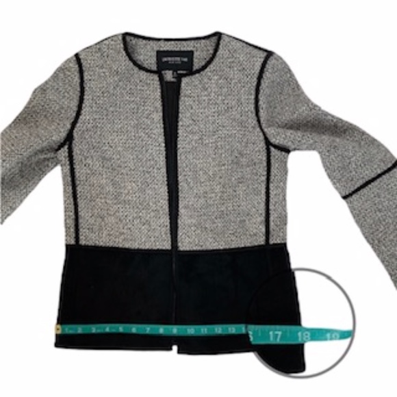 Lafayette 148 NY Collarless Black White Tweed/Suede Fitted Jacket Sz P Front Zip - Picture 13 of 16